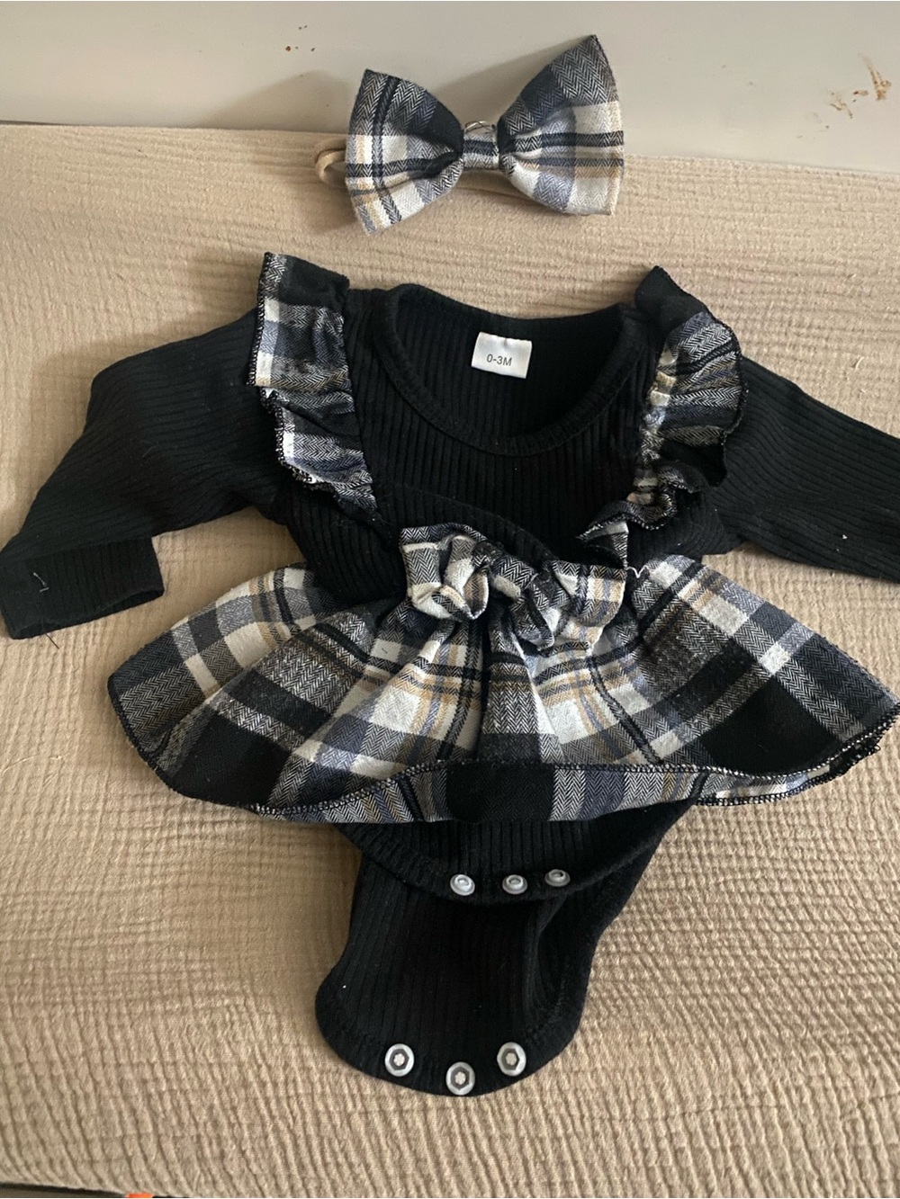 Black Ribbed Baby Onesie with Plaid Ruffle & Bow